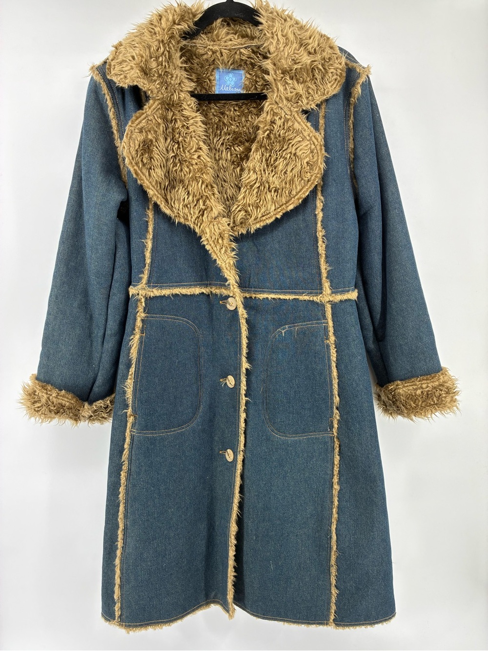 Blue Denim Faux-Fur Trim Long Coat Y2K